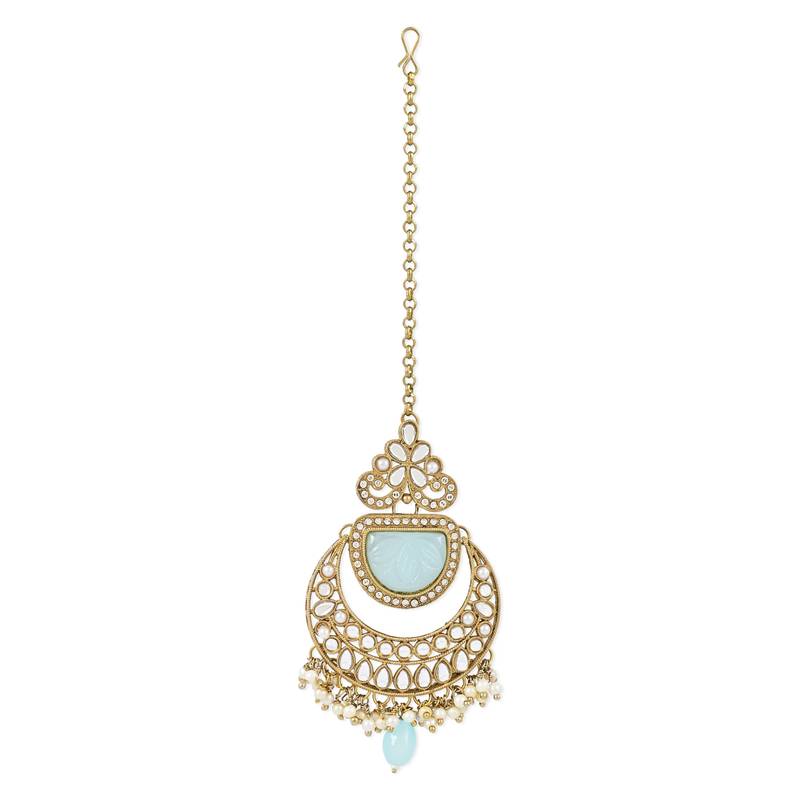 Traditional Pearl Hanging Kundan Stone Studed Chandbali Earring With Maang Tikka