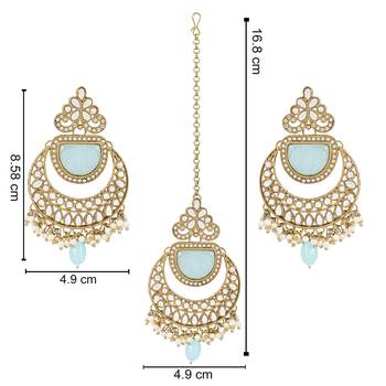 Traditional Pearl Hanging Kundan Stone Studed Chandbali Earring With Maang Tikka 6