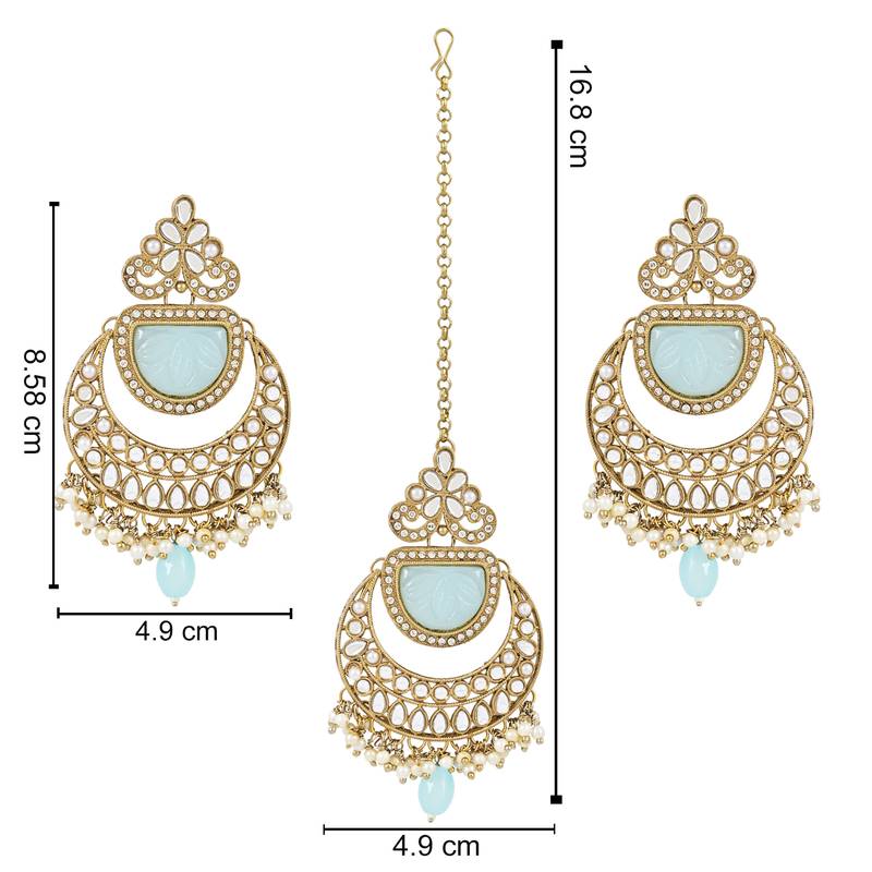 Traditional Pearl Hanging Kundan Stone Studed Chandbali Earring With Maang Tikka