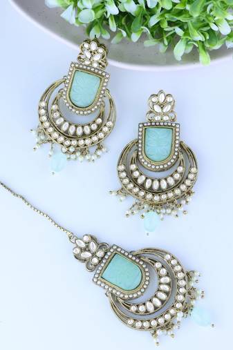 Traditional Kundan Pearl with Meena Work Chandbali Earrings with Maang Tikka Set