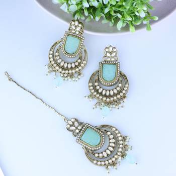 Traditional Kundan Pearl with Meena Work Chandbali Earrings with Maang Tikka Set 1