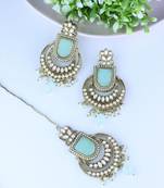 Traditional Kundan Pearl with Meena Work Chandbali Earrings with Maang Tikka Set