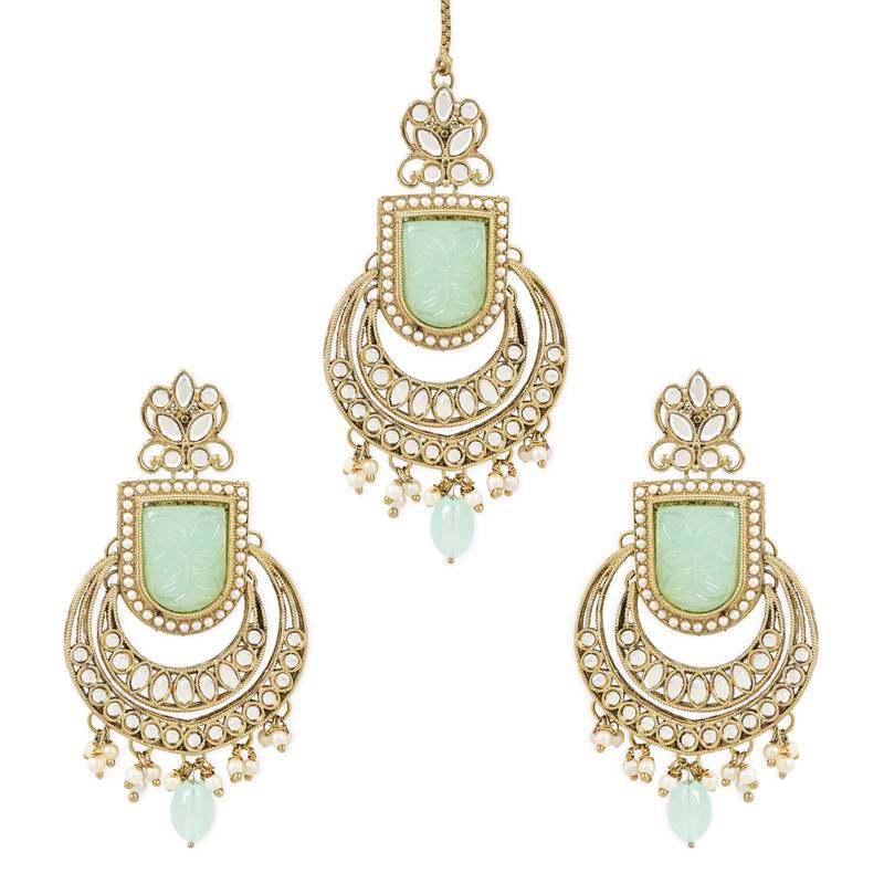 Traditional Kundan Pearl with Meena Work Chandbali Earrings with Maang Tikka Set