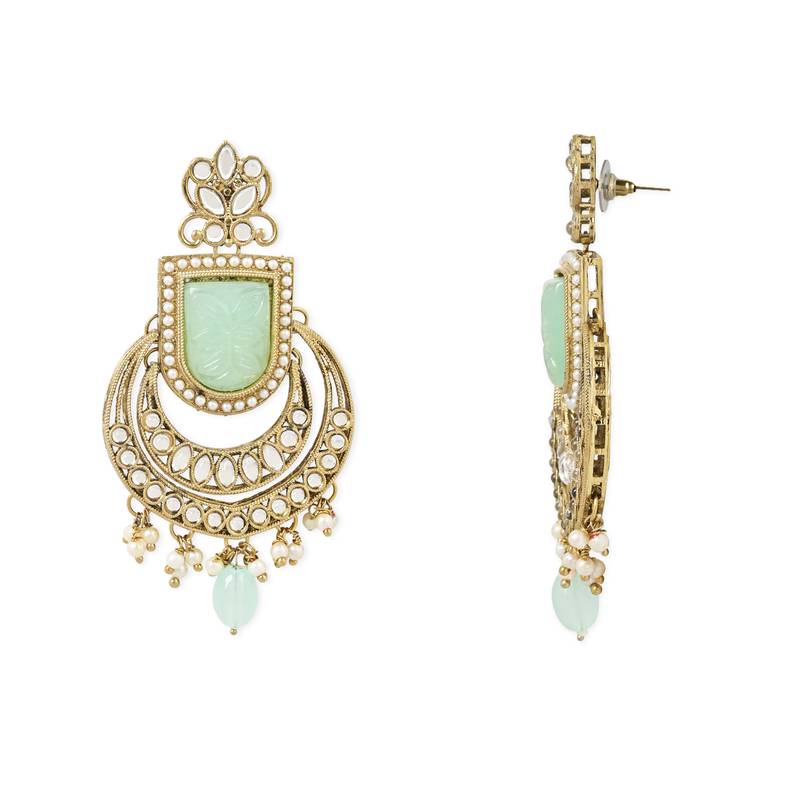 Traditional Kundan Pearl with Meena Work Chandbali Earrings with Maang Tikka Set