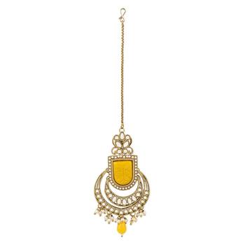 I Jewels Traditional Pearl Hanging Kundan Stone Studed Chandbali Earring With Maang Tikka 5