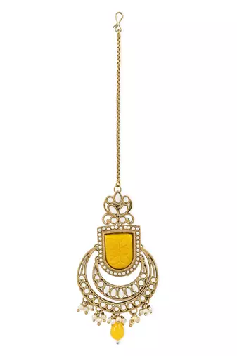 I Jewels Traditional Pearl Hanging Kundan Stone Studed Chandbali Earring With Maang Tikka