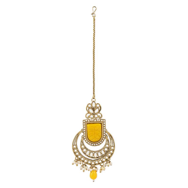 I Jewels Traditional Pearl Hanging Kundan Stone Studed Chandbali Earring With Maang Tikka