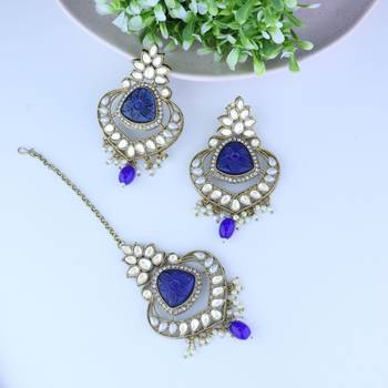 Traditional Pearl Hanging Kundan Stone Studed Chandbali Earring With Maang Tikka 1