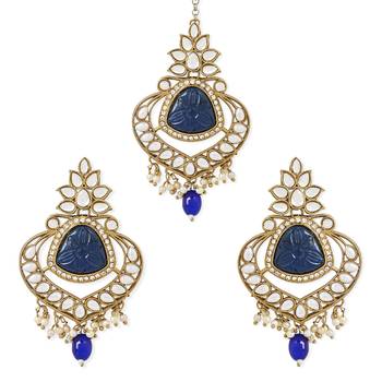 Traditional Pearl Hanging Kundan Stone Studed Chandbali Earring With Maang Tikka 2