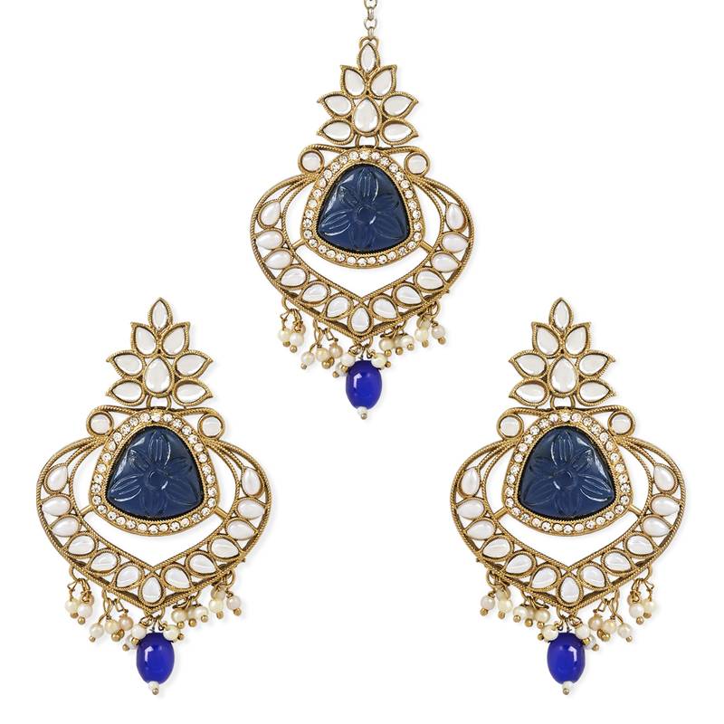 Traditional Pearl Hanging Kundan Stone Studed Chandbali Earring With Maang Tikka