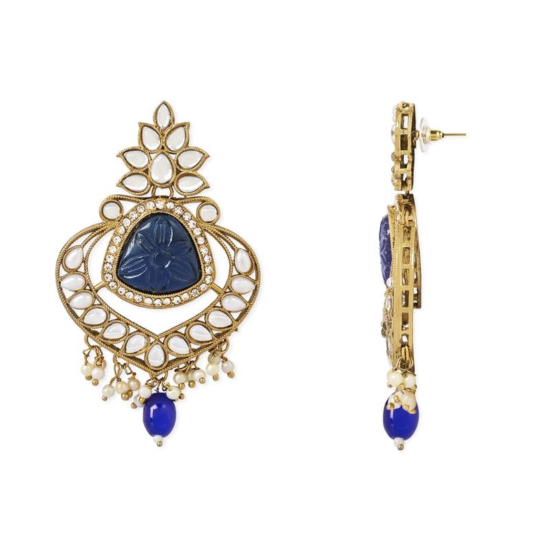 Traditional Pearl Hanging Kundan Stone Studed Chandbali Earring With Maang Tikka