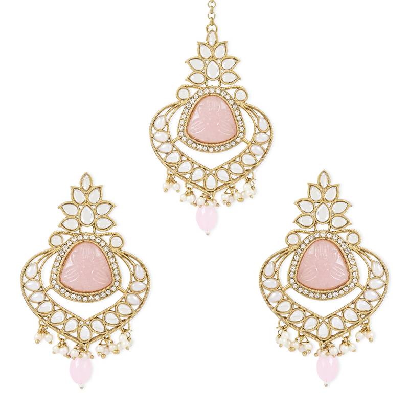 Traditional Pearl Hanging Kundan Stone Studed Chandbali Earring With Maang Tikka
