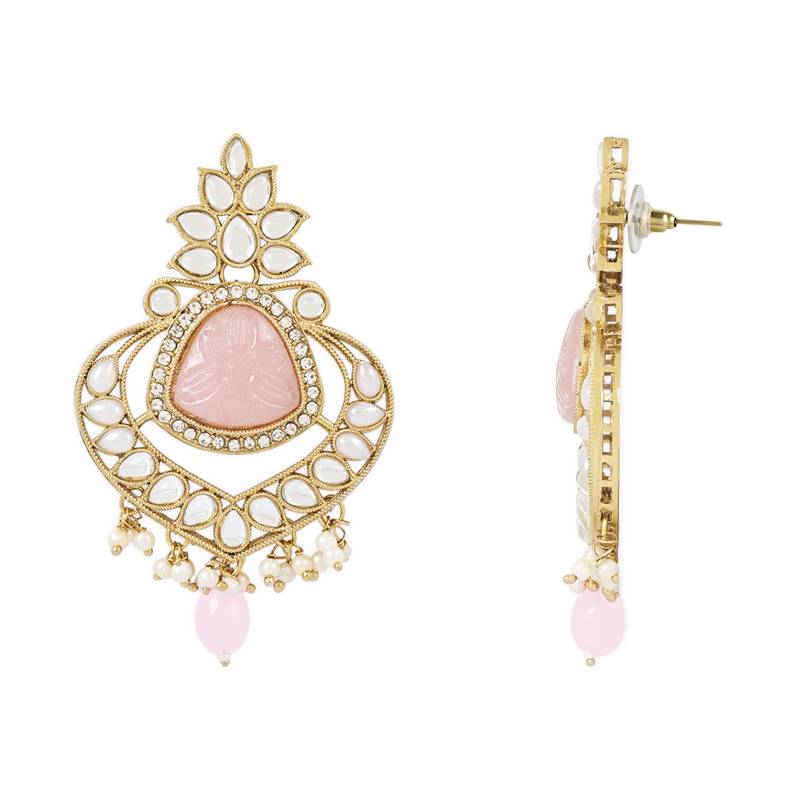Traditional Pearl Hanging Kundan Stone Studed Chandbali Earring With Maang Tikka