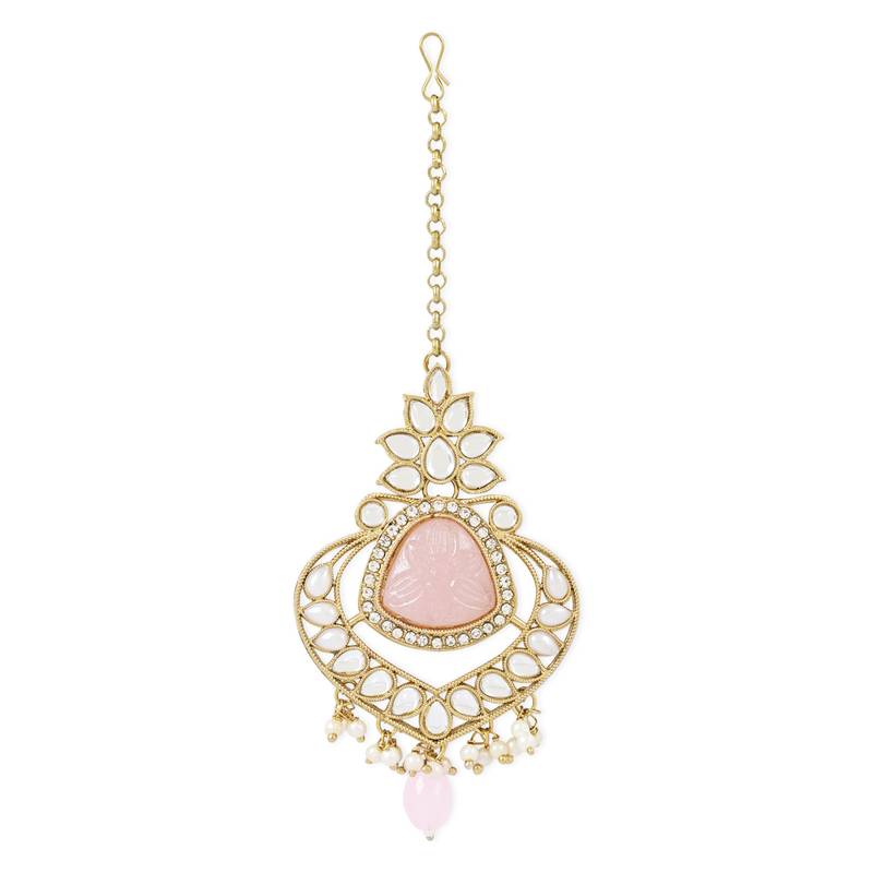 Traditional Pearl Hanging Kundan Stone Studed Chandbali Earring With Maang Tikka