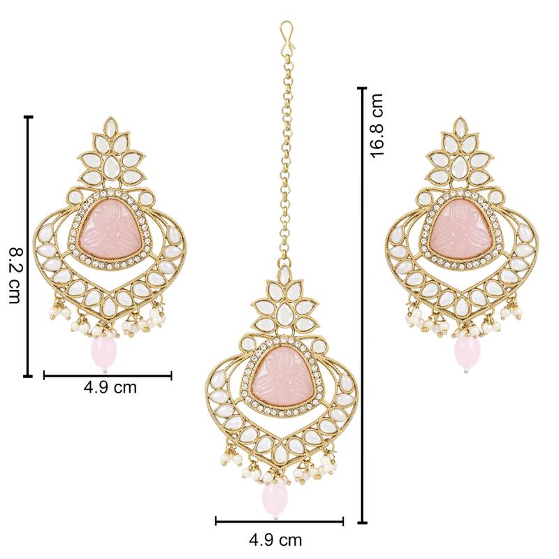 Traditional Pearl Hanging Kundan Stone Studed Chandbali Earring With Maang Tikka