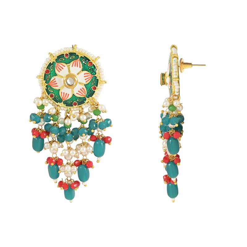 Traditional Pearl Hanging Kundan Stone Studed Chandbali Earring With Maang Tikka