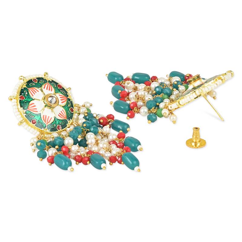Traditional Pearl Hanging Kundan Stone Studed Chandbali Earring With Maang Tikka