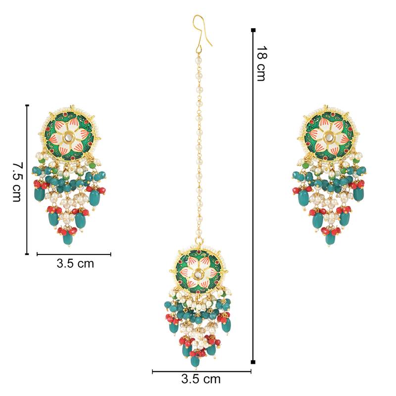 Traditional Pearl Hanging Kundan Stone Studed Chandbali Earring With Maang Tikka