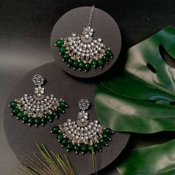 Navratri Ethnic Stylish Silver Oxidised Kundan Pearl Chandbali Earrings With Maang Tikka Set 1