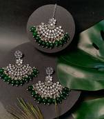 Navratri Ethnic Stylish Silver Oxidised Kundan Pearl Chandbali Earrings With Maang Tikka Set