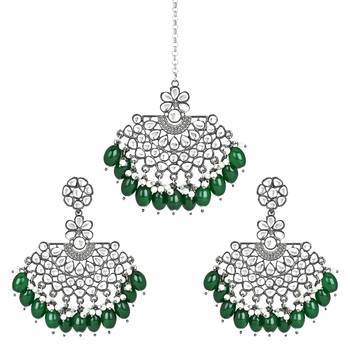 Navratri Ethnic Stylish Silver Oxidised Kundan Pearl Chandbali Earrings With Maang Tikka Set 2