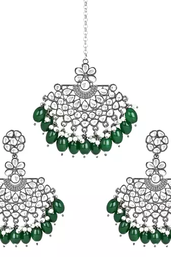 Navratri Ethnic Stylish Silver Oxidised Kundan Pearl Chandbali Earrings With Maang Tikka Set
