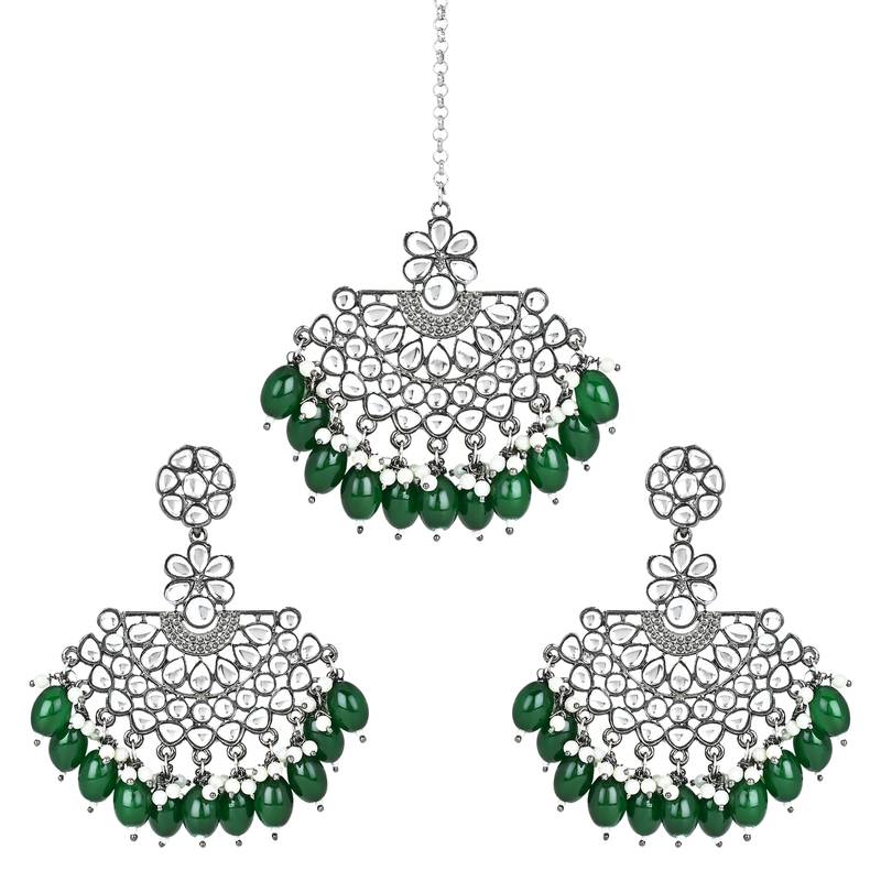 Navratri Ethnic Stylish Silver Oxidised Kundan Pearl Chandbali Earrings With Maang Tikka Set
