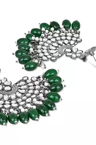 Navratri Ethnic Stylish Silver Oxidised Kundan Pearl Chandbali Earrings With Maang Tikka Set