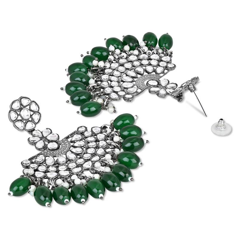 Navratri Ethnic Stylish Silver Oxidised Kundan Pearl Chandbali Earrings With Maang Tikka Set