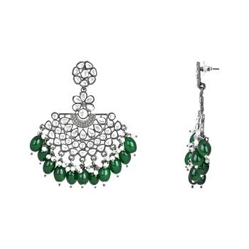 Navratri Ethnic Stylish Silver Oxidised Kundan Pearl Chandbali Earrings With Maang Tikka Set 4