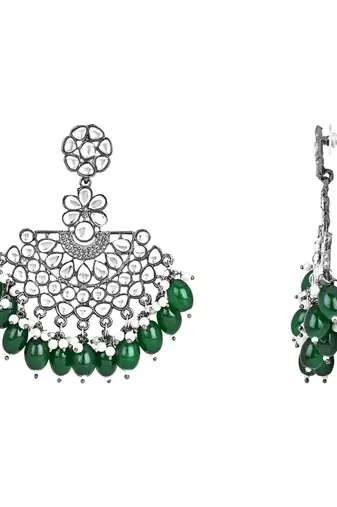 Navratri Ethnic Stylish Silver Oxidised Kundan Pearl Chandbali Earrings With Maang Tikka Set
