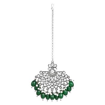 Navratri Ethnic Stylish Silver Oxidised Kundan Pearl Chandbali Earrings With Maang Tikka Set 5