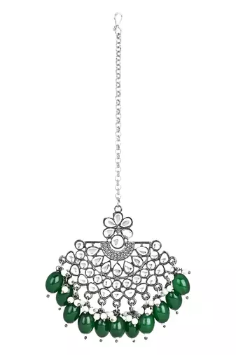Navratri Ethnic Stylish Silver Oxidised Kundan Pearl Chandbali Earrings With Maang Tikka Set