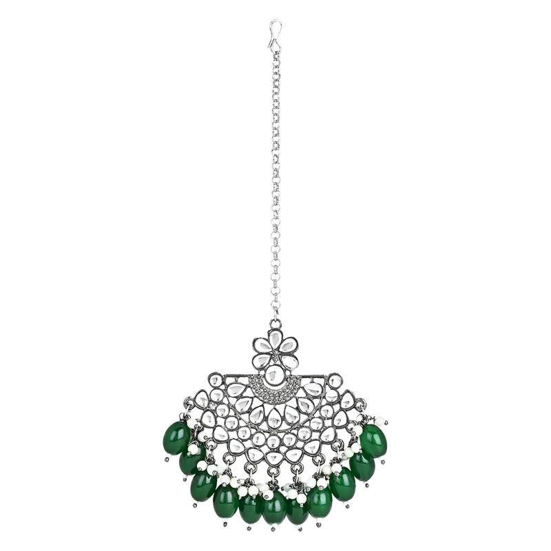 Navratri Ethnic Stylish Silver Oxidised Kundan Pearl Chandbali Earrings With Maang Tikka Set