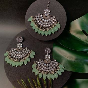 Navratri Ethnic Stylish Silver Oxidised Kundan Pearl Chandbali Earrings With Maang Tikka Set 1