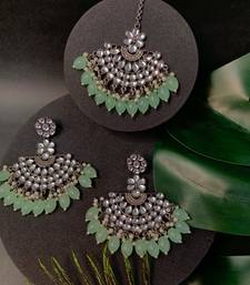 Navratri Ethnic Stylish Silver Oxidised Kundan Pearl Chandbali Earrings With Maang Tikka Set