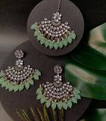 Navratri Ethnic Stylish Silver Oxidised Kundan Pearl Chandbali Earrings With Maang Tikka Set