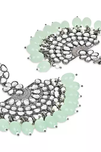 Navratri Ethnic Stylish Silver Oxidised Kundan Pearl Chandbali Earrings With Maang Tikka Set