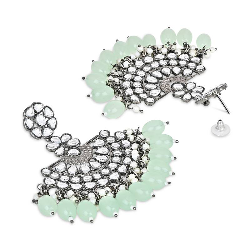 Navratri Ethnic Stylish Silver Oxidised Kundan Pearl Chandbali Earrings With Maang Tikka Set