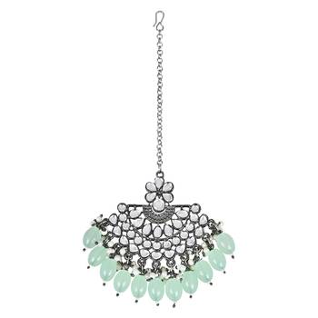Navratri Ethnic Stylish Silver Oxidised Kundan Pearl Chandbali Earrings With Maang Tikka Set 3