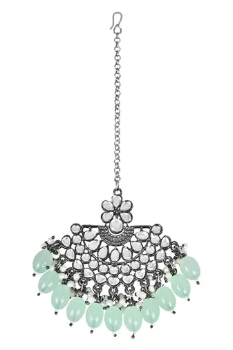 Navratri Ethnic Stylish Silver Oxidised Kundan Pearl Chandbali Earrings With Maang Tikka Set