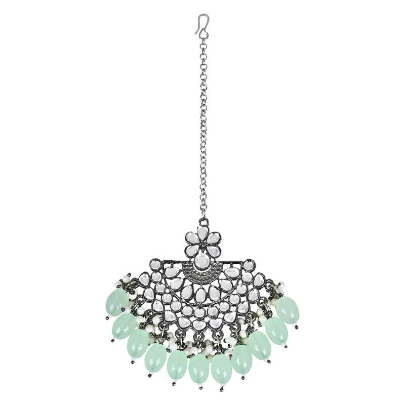 Navratri Ethnic Stylish Silver Oxidised Kundan Pearl Chandbali Earrings With Maang Tikka Set