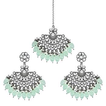 Navratri Ethnic Stylish Silver Oxidised Kundan Pearl Chandbali Earrings With Maang Tikka Set 4