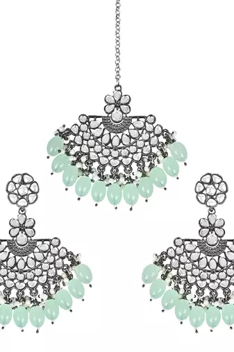 Navratri Ethnic Stylish Silver Oxidised Kundan Pearl Chandbali Earrings With Maang Tikka Set