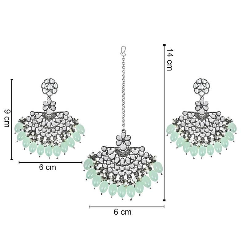 Navratri Ethnic Stylish Silver Oxidised Kundan Pearl Chandbali Earrings With Maang Tikka Set