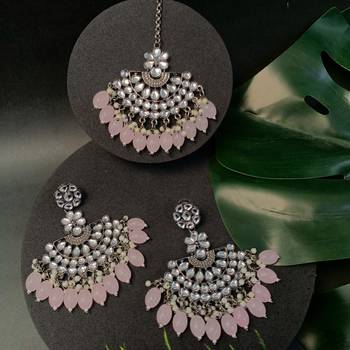 Navratri Ethnic Stylish Silver Oxidised Kundan Pearl Chandbali Earrings With Maang Tikka Set 1