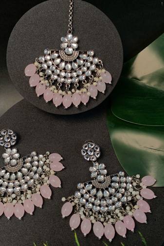 Ethnic Silver Oxidised 3 Layered Chandbali Earrings with Kundan and Pearl Work for Women