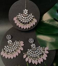 Navratri Ethnic Stylish Silver Oxidised Kundan Pearl Chandbali Earrings With Maang Tikka Set