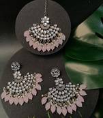 Navratri Ethnic Stylish Silver Oxidised Kundan Pearl Chandbali Earrings With Maang Tikka Set
