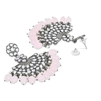 Navratri Ethnic Stylish Silver Oxidised Kundan Pearl Chandbali Earrings With Maang Tikka Set 2